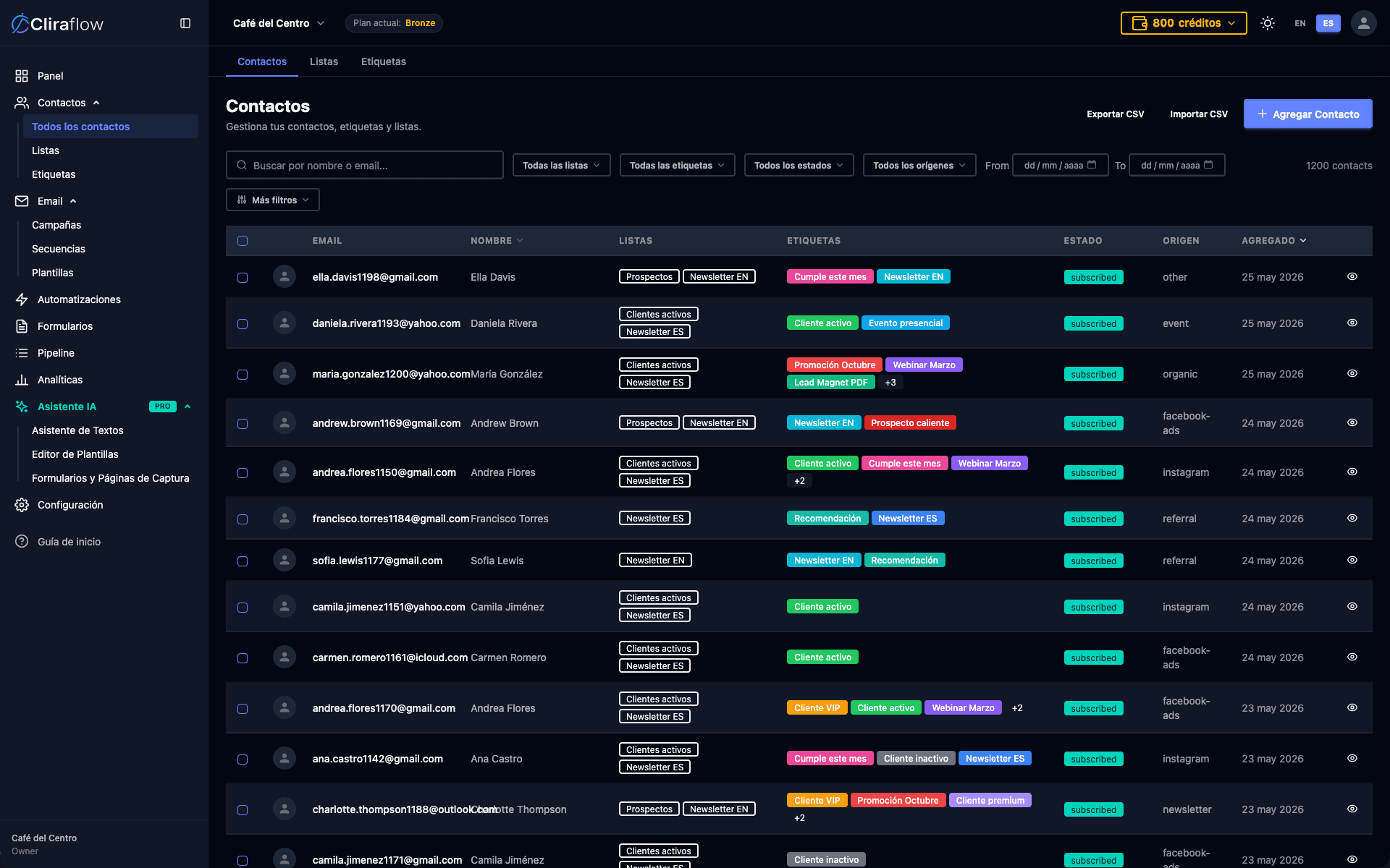 CliraFlow contacts table in dark mode